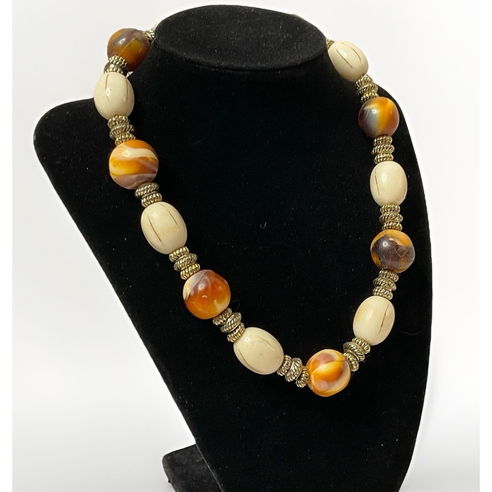 Vintage Chunky Beaded Necklace Resin Faux Amber & Faux Bone Boho Tribal 17-18"